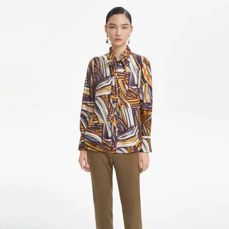 LANCY/朗姿桑蚕丝长袖衬衫女秋季新款印花真丝褶皱高级感通勤奥莱商品大图