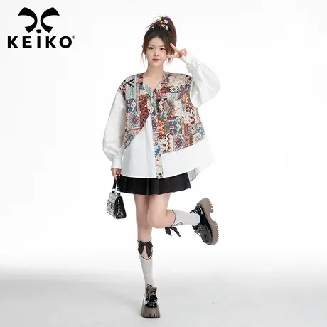 雅痞风拼色长袖衬衫女早秋小众设计民族风提花宽松白色上衣博外套图片