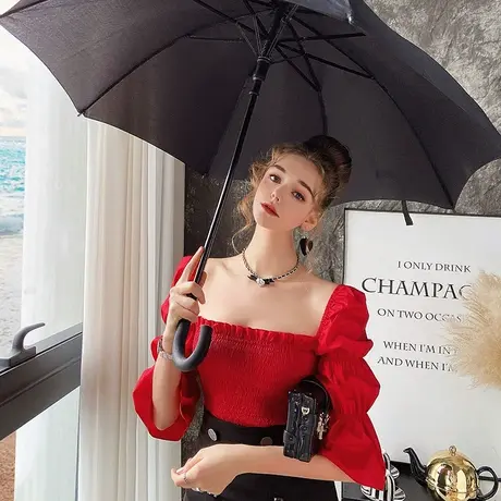 粉红大布娃娃泡泡袖短款上衣女2022春季新款时尚方领法式复古衬衫图片