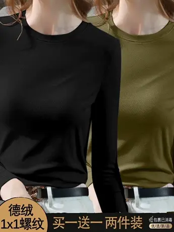 单/两件装 德绒圆领打底衫女秋冬新款修身显瘦内搭保暖T恤上衣女商品大图