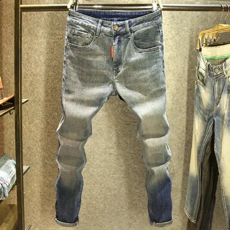 新款怀旧渐变色水洗牛仔裤男修身小脚裤潮牌水洗美式复古弹力长裤图片