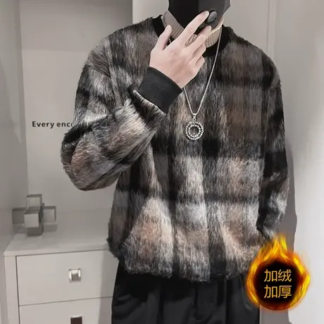 冬季半高领毛衣男ins重磅加厚个性毛绒格子设计感保暖内搭针织衫商品大图