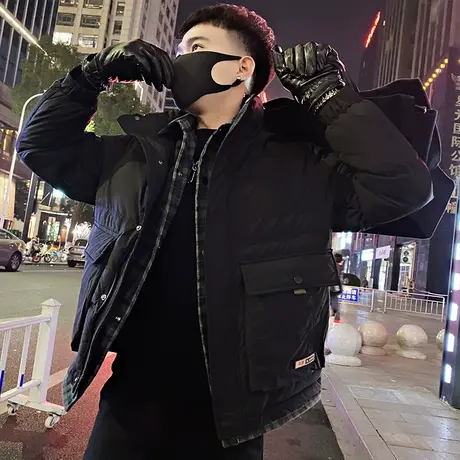 个性工装羽绒服冬季2023新款潮牌冬装立领格子拼接假两件羽绒棉服图片