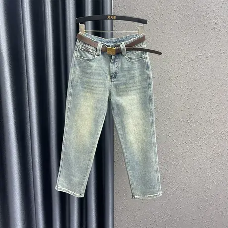 个性刺绣直筒牛仔裤女春季新款重工磨白高腰显瘦九分裤时尚烟管裤图片