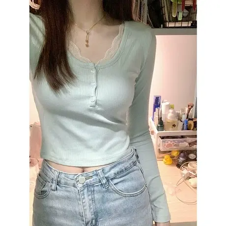 辣妹纯欲风长袖T恤女秋冬小个子短款打底衫内搭加厚德绒保暖上衣商品大图