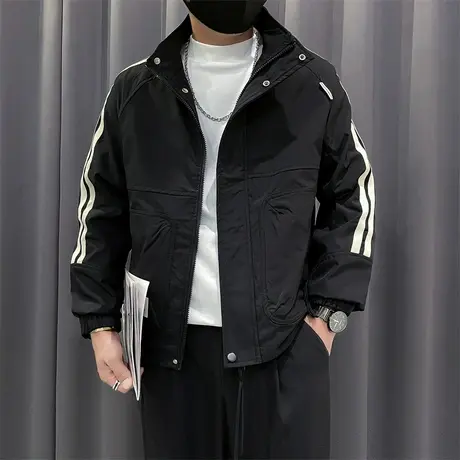 立领夹克男春秋季条纹时尚工装褂子宽松高级感防风机车服休闲外套商品大图