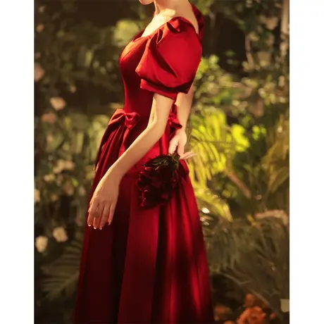 法式在逃公主敬酒服新娘高级感仙女夏季酒红色缎面订婚连衣裙秋季商品大图