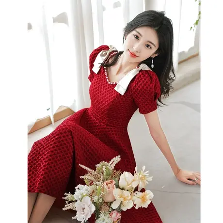 红色晚礼服裙轻奢小众高端小个子宴会气质订婚连衣裙新娘敬酒服女商品大图