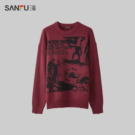 三福2024春季男士前后人像印花毛衣 潮流慵懒圆领上衣男482284商品大图