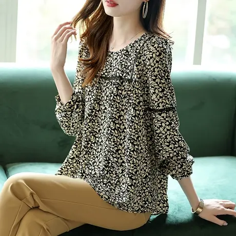 宝诗黎蕾丝拼接印花雪纺上衣2024年春季新款长袖女装时尚宽松小衫商品大图