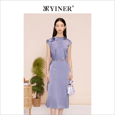 YINER音儿女装夏季优雅木耳花边修身时尚无袖连衣裙商品大图