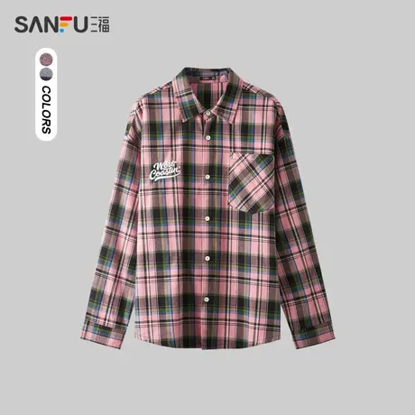 三福2024春季男士格子绣花纯棉长衬衫 趣味休闲翻领上衣482272图片