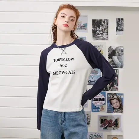 a02【100%棉】2024春季新款小个子撞色字母休闲打底女式T恤图片