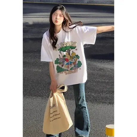 白色纯棉重磅短袖t恤女夏季2023新款小众设计感美式宽松半袖上衣商品大图