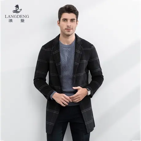 浪登男士中长款双面呢格子大衣2022秋冬新款时尚保暖外套男西装领图片
