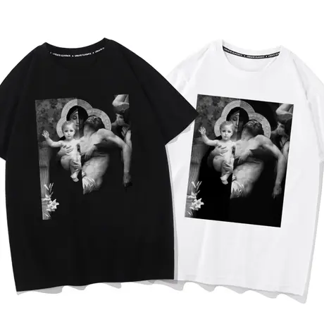 美式潮牌短袖T恤男黑白人物油画印花复古宽松休闲潮流青少年夏季商品大图