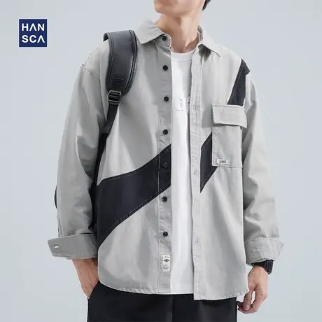 hansca衬衫外套男秋季新款潮牌撞色拼接纯棉重磅水洗休闲长袖上衣商品大图