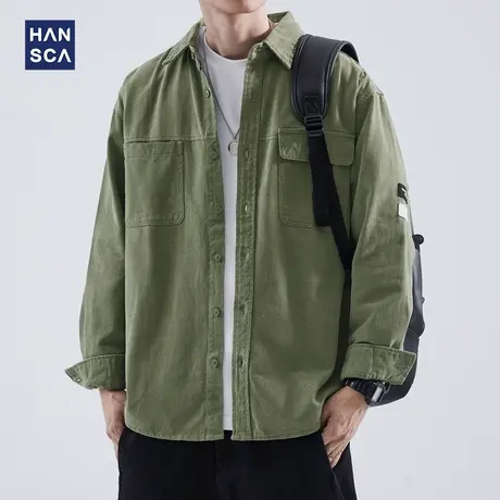 hansca工装衬衫男长袖秋季日系复古潮牌休闲百搭大口袋衬衣外套男图片