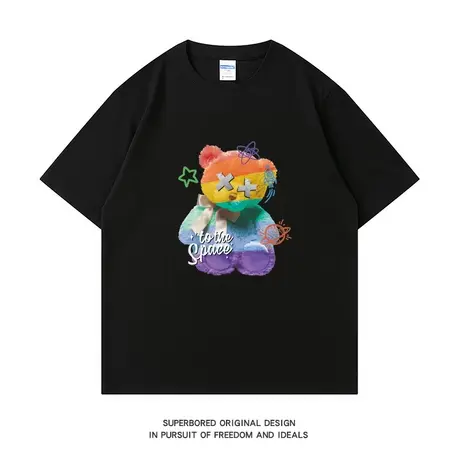 夏季ins彩色小熊印花纯棉短袖T恤男宽松休闲情侣半袖上衣体恤衫图片