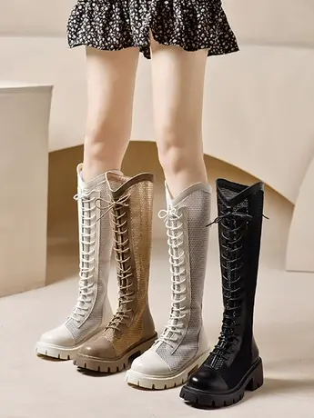 夏季高筒网靴女2024新款镂空薄款透气厚底v口凉靴系带网纱骑士靴图片