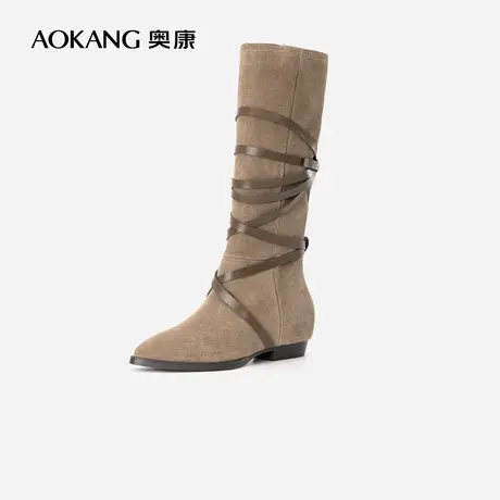 奥康女鞋2023春季新款复古牛仔西部堆堆靴时尚潮流真皮长筒靴女靴商品大图