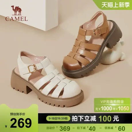 骆驼女鞋2023新款夏季猪笼鞋经典厚底粗跟包头凉鞋女真皮罗马凉鞋图片