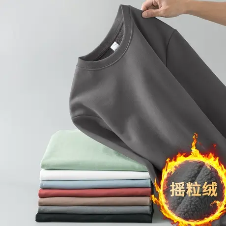 摇粒绒长袖t恤男装2023新款秋冬加绒加厚保暖内搭打底衫圆领秋衣商品大图