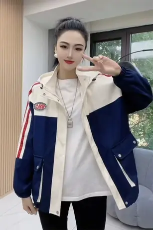 高级感拼色工装外套女2023春秋季新款韩版宽松时尚设计感休闲上衣图片