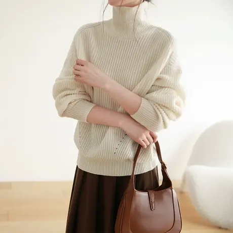 嘉茱莉2023春秋新款1OO羊毛高领毛衣女日系慵懒风上衣小众设计感图片