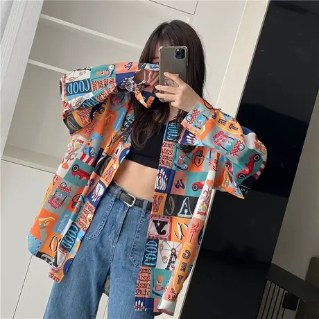 几何印花雪纺衬衫女2023夏季新款宽松复古港味设计感小众短袖上衣图片