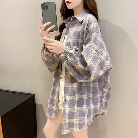 慵懒风格子衬衫女2023春新款宽松港味复古防晒外套很仙的洋气上衣商品大图
