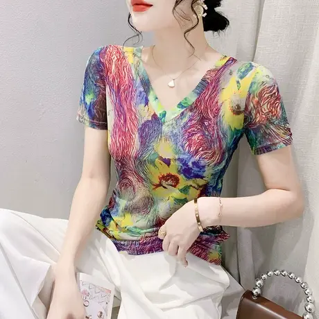 设计感印花上衣女短袖性感V领网纱T恤气质修身小衫夏别致显瘦体恤商品大图