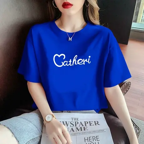 短袖T恤女2023夏季新款ins潮牌情侣装上衣克莱因蓝纯棉宽松半袖衫商品大图