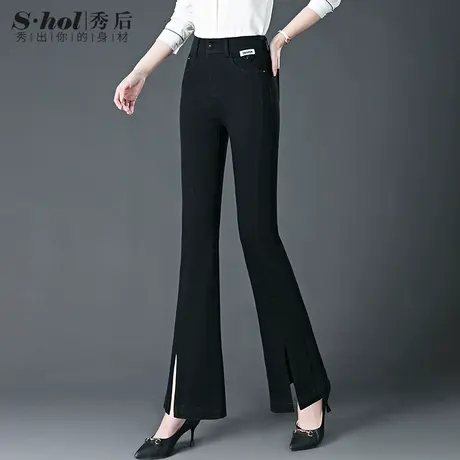 高腰微喇牛仔裤女春季2023年新款修身显瘦小众设计开叉黑色喇叭裤图片