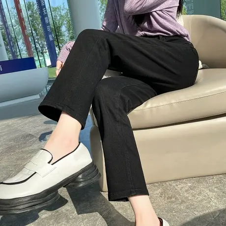 黑色直筒牛仔裤女2023年春秋新款高腰宽松显瘦百搭九分烟管裤子潮商品大图