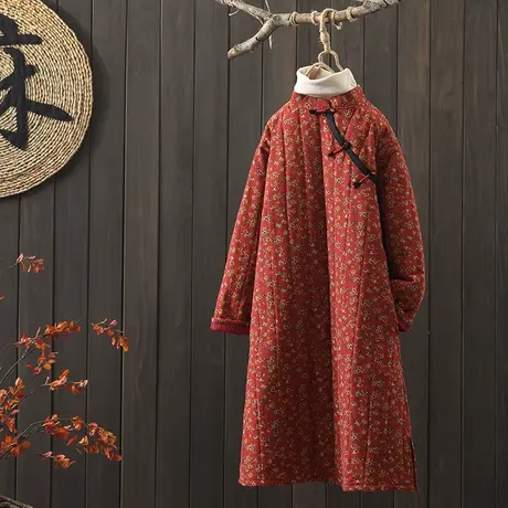 枫谜冬季新款民族风碎花旗袍棉衣女中长款盘扣夹棉加厚棉服外套图片