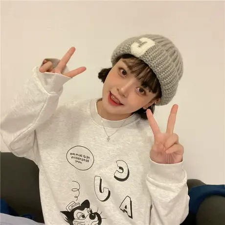 红续原创卡通薄款圆领卫衣女oversize甜妹学院风长袖外套春秋新款图片