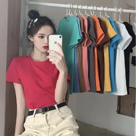 2023夏季新款超火纯色t恤女装短袖修身网红玫红色糖果上衣服ins潮商品大图