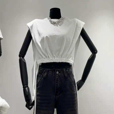 纯欲性感抽绳收腰短袖T恤女夏季百搭设计感小众修身纯棉上衣潮ins商品大图