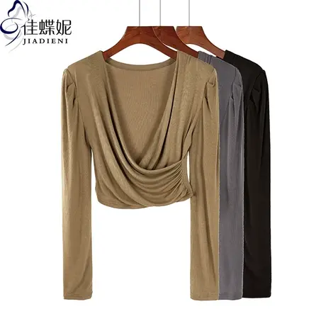 秋季新款韩版纯棉修身显瘦V领短款褶皱长袖体恤上衣内搭打底衫女商品大图