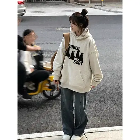 猫咪印花连帽卫衣女春秋薄款2023新款爆款宽松慵懒风早秋大码外套商品大图
