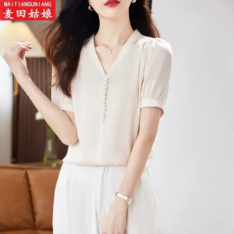 时尚法式重磅桑蚕丝短袖衬衫上衣女设计感小众衬衣2023年夏季新款图片