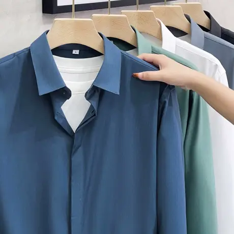 春秋冰丝薄款白色长袖衬衫男外套韩版修身商务休闲高级垂感衬衣潮商品大图