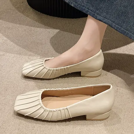 温柔风浅口平底单鞋子女2023春秋季新款褶皱船鞋一脚蹬女鞋奶奶鞋商品大图