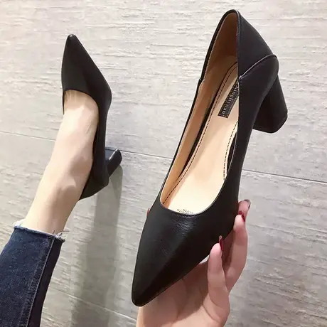 黑色高跟鞋女2023春新款性感尖头粗跟职业工作鞋网红百搭浅口单鞋图片