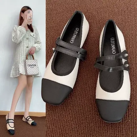 拼接软底玛丽珍一字带妈妈鞋平底单鞋女鞋2023年新款软底豆豆鞋商品大图