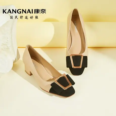 康奈女鞋2022年秋季新款中高跟鞋一脚蹬粗跟百搭通勤职业拼色单鞋商品大图