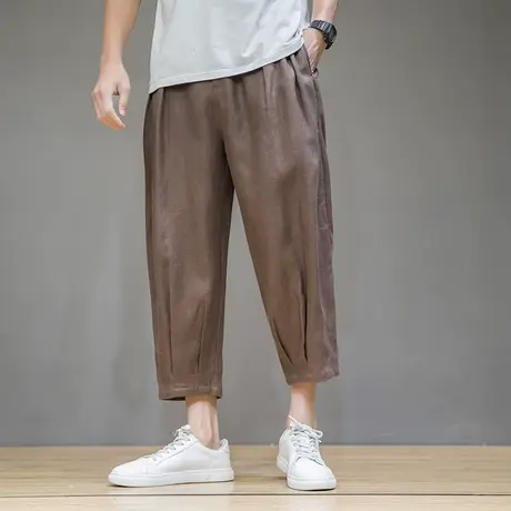中国风秋季宽松八分裤大码短裤亚麻汉服锥形裤薄款透气麻裤九分裤商品大图