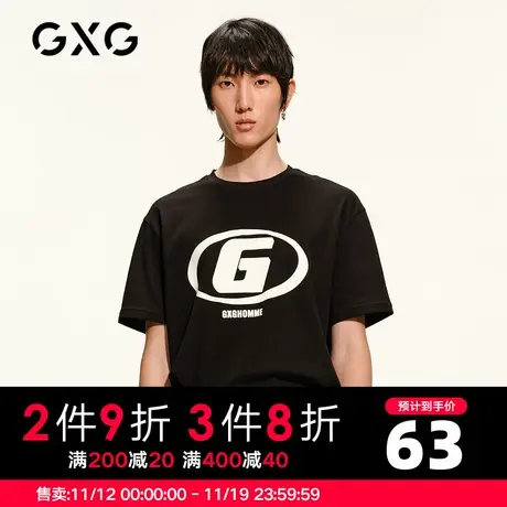 【新款】GXG男装 秋季黑色圆领短袖T男印花打底潮GC144621A图片