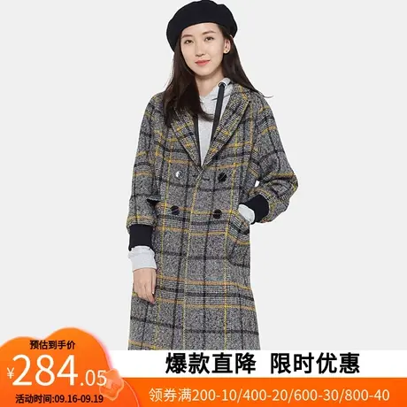 【断码L】艾格冬季女装休闲不过时羊毛潮流彩色格子中长大衣Y443商品大图